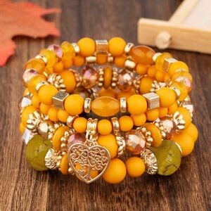 Yellow Beaded Bracelet Set with Heart Charm